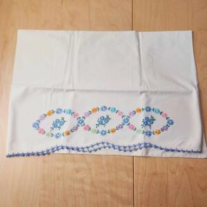 Vintage Hand Embroidered Crochet Trim Pillowcase Colorful Flowers Cottage Core
